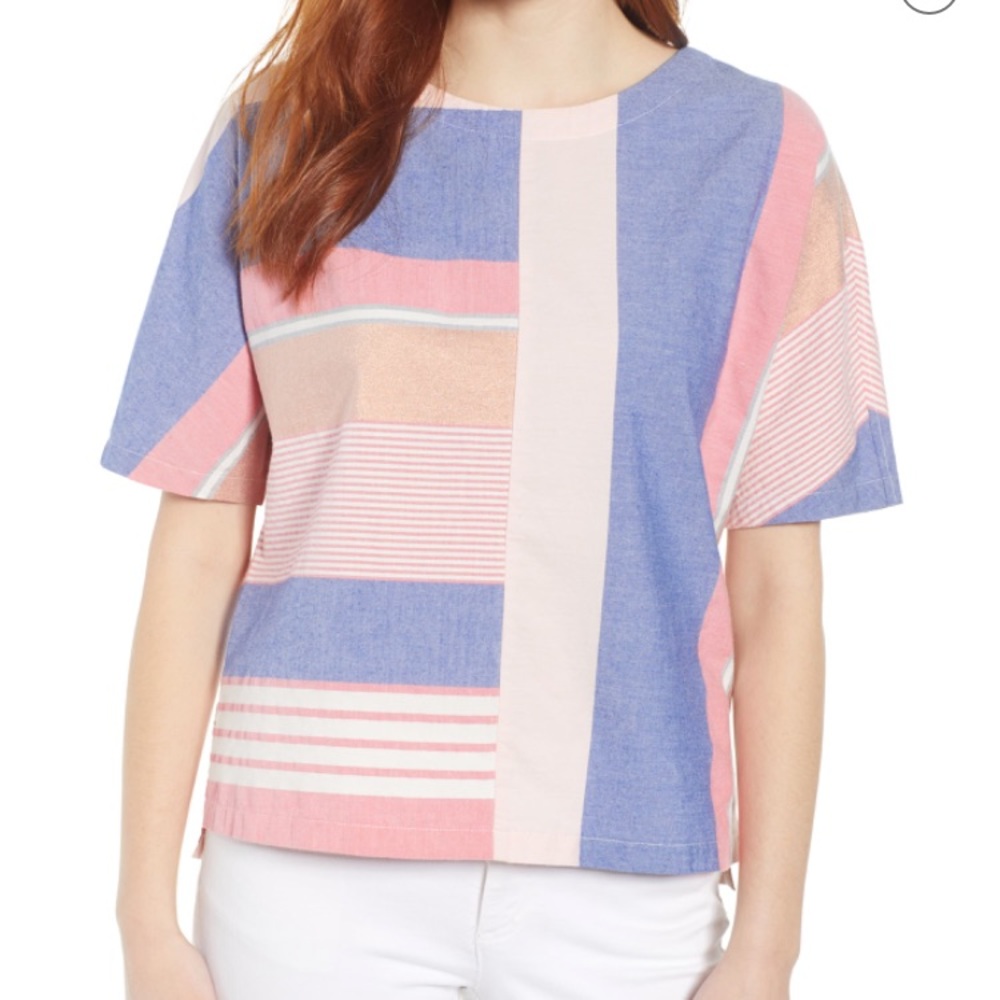Caslon Coral Pink & Blue Color Block Top NWT Med.